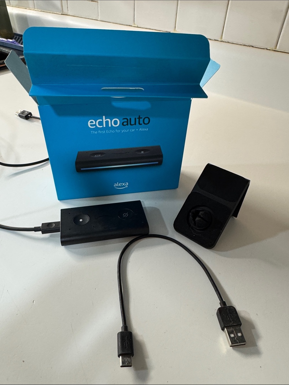 Amazon Echo Auto - Black Device with Blue Packaging